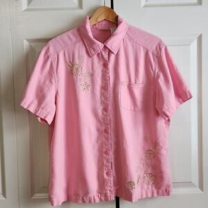 Erika Woman Pink Short Sleeve Button‎ Front Top Size 1X Gold Embroidery Beaded